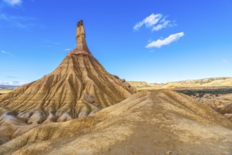 Majestic castildetierra rock formation rising from eroded hills in the bardenas reales desert under