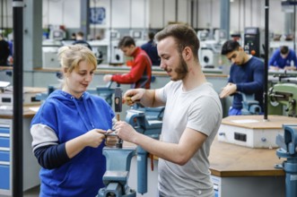 Remscheid, North Rhine-Westphalia, Germany - Trainees in the metalworking trades here during basic