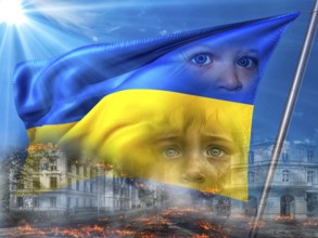 Symbolic image, Ukraine flag in front of a bright sky, sad children's eyes, bombed city, Donald