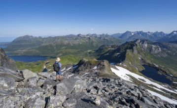 View of mountains and fjord landscape, mountain panorama, mountaineer at the summit of Rundfjellet,