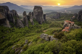 Sunset over the Monastery of Rousanou and the Monastery of St Nicholas Anapavsa, Anapavsas, Metéora