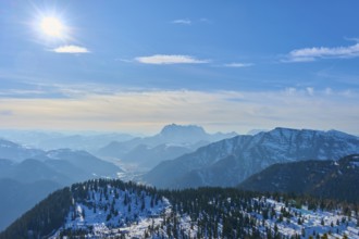 Snow-covered mountains under a clear blue sky with bright sunshine, Steinplatte, Waidring, Tyrol,