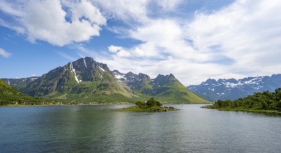 Austnesfjorden fjord, idyllic mountains and fjord landscape, Nordland, Norway, Europe