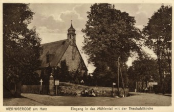 Historical postcard, picture postcard, entrance to the mill valley with the Theobaldi church in