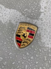 Porsche crest on grey bonnet of sports car with sparkling raindrops, international