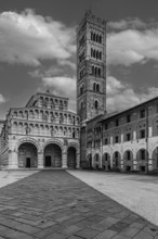 The Cathedral of San Martino, historic city centre, black and white photo, Lucca, Tuscany, Italy,