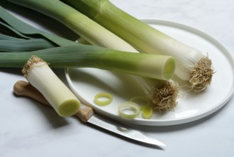 Leek, leek sticks on plate with knife, leek