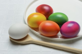 Coloured eggs on a plate and uncoloured eggs on a spoon, Easter celebration