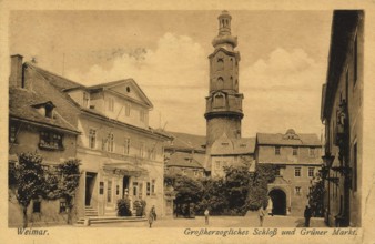 Historical postcard, picture postcard, Grand Ducal Palace and green market, Weimar, Thuringia,