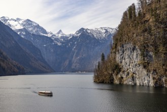 Excursion boat on the Königssee, behind the Steinerne Meer, Berchtesgaden National Park, Schönau am