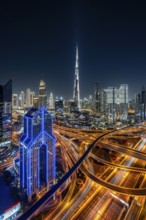 Dubai skyline at night, Burj Khalifa tallest building in the world, United Arab Emirates, Asia
