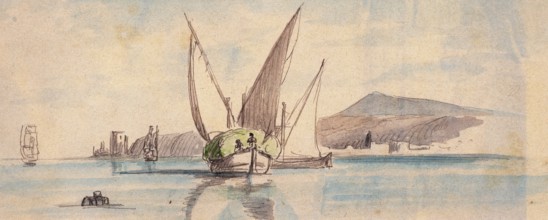 Diving fishermen on the Tagus River, Belem, Lisbon, Portugal, digital reproduction of a painting by
