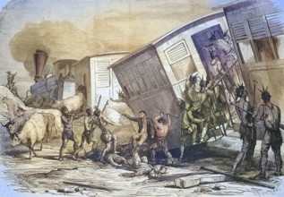 Sioux Indians attacking a train on the Pacific Railroad line in the western United States, 1869,