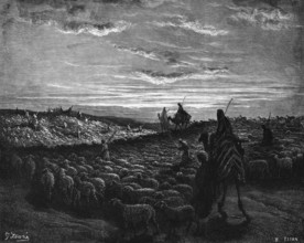 Bible, Abraham goes to Canaan, 1st book of Moses, herd of sheep, camels, rider, shepherd, guardian,