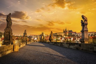 Charles bridge with statues and Prague castle on surise. Prague, Czech Republic, Europe