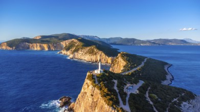 Aerial view of the Lighthouse or Cabo Ducato Lefkas in the southern area of the island of Lefkada.
