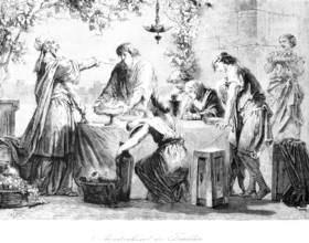 Israelites' supper, supper, group, sit, priest, table, stool, dine, outside, oil lamp, baskets,