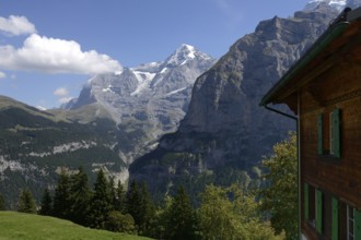 Eiger and Mönch, view of the mountains from Mürren, Jungfrau region, Bernese Oberland, Canton Bern,