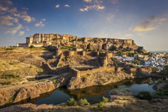 Mehrangarh Fort and Padamsar Talab and Ranisar Talab lakes on sunset, Jodhpur, Rajasthan, India,