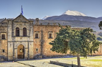 HDR, main entrance, national flag, forecourt, tree, Ida massif, Psiloritis, snow-capped mountain,