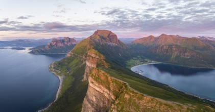 View from Finnesfjellet mountain to mountains and coast, evening mood, Finnes, Helgeland coast,