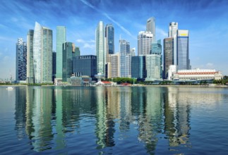 Modern Singapore city skyline of business district downtown in day with reflection in water