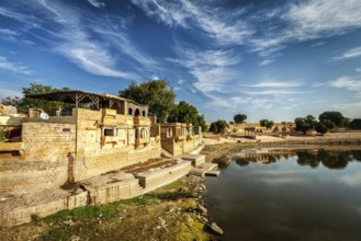 Indian tourist landmark Gadi Sagar, artificial lake. Jaisalmer, Rajasthan, India, Asia