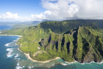 Aerial view Ke'e Beach, Haena Beach, Tunnels Beach, Kepuhi Beach, Kauai, Hawaii, USA, North America