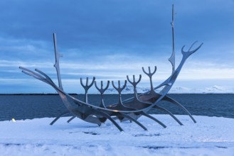 Viking Ship Sculpture at Dawn, Sun Voyager, Reykjavik, Reykjanes Peninsula, Sudurnes, Iceland,