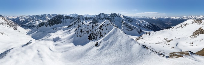 Alpine panorama, Mitterzeigerkogel, aerial view, peaks and mountains in winter, Sellraintal,