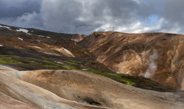 Steaming hot springs and colourful rhyolite mountains, Hveradalir geothermal area, Kerlingarfjöll,