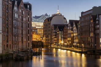 Nikolaifleet with Elbe Philharmonic Hall at the blue hour, Hamburg, Germany, Europe