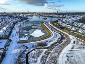 Dortmund, North Rhine-Westphalia, Germany, Phoenix Lake in winter with snow, renaturalised Emscher