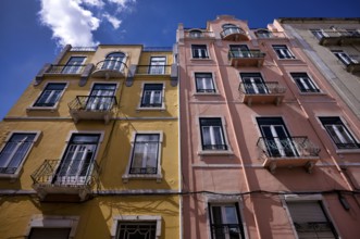 House, house facade, yellow, pink, pink, Lisbon, Portugal, Europe