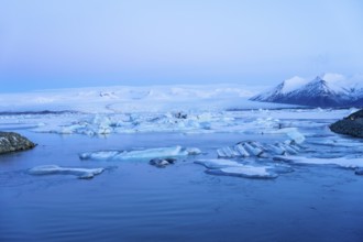 Beautiful sunrise view of Jokulsarlon ice lake at night in winter. Iceland