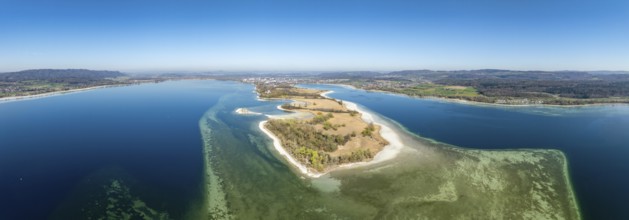 Aerial view, panorama of the Mettnau peninsula at low tide with shallows, danger to shipping