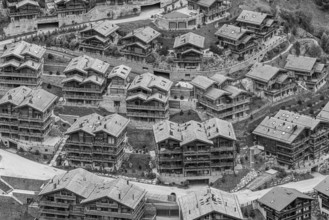 New wooden chalets, black and white photo, aerial view, Grimentz, Val d'Anniviers, Valais Alps,