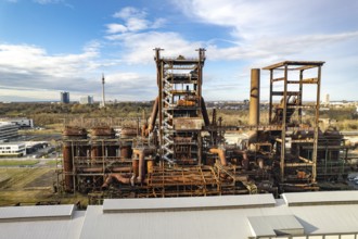 Industrial ruins of the Phönix West blast furnace works in Dortmund seen from the air, North