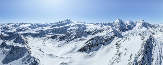 Aerial view, snow-covered mountain landscape, view of Cevedale, Ortler, Monte Zebrù, Königsspitze