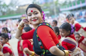 Participants with an instructor dance on the final day of a Bihu dance workshop ahead of Rongali