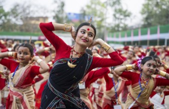 Participants with an instructor dance on the final day of a Bihu dance workshop ahead of Rongali