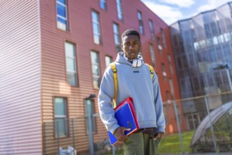 African american student backing to university standing outdoors and looking serious at camera