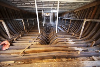 Interior of a dhow under construction, dhow shipyard in Sur, province of Janub ash-Sharqiyya, Oman,