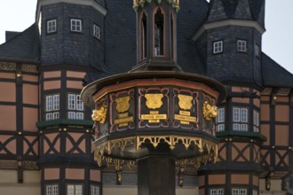 Benefactors' fountain with the town hall, Wernigerode, Harz, Saxony-Anhalt, Germany, Europe