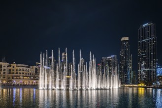 Fountain Dubai Fountain, water show at night, Dubai, United Arab Emirates, Asia