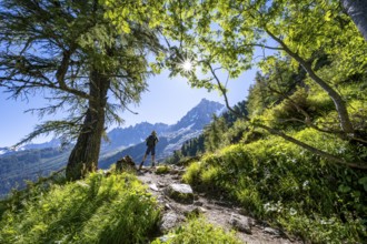 Hiker on hiking trail with sun star, hiking trail La Jonction, behind summit of Aiguille du Midi,