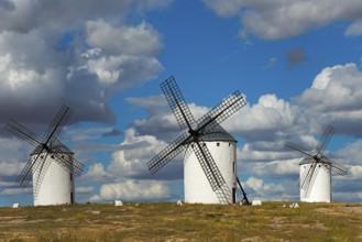 Three windmills in front of a dramatic sky with imposing clouds, Campo de Criptana, Ciudad Real