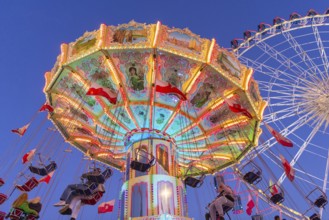 Illuminated carousel and Ferris wheel at night in a lively amusement park, funfair, wave flight,