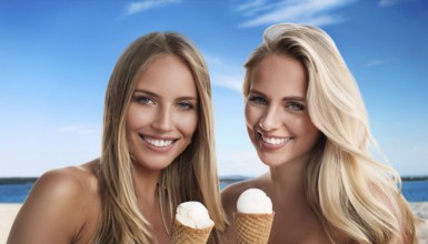 Two blonde woman enjoy eating an ice cream in a cone