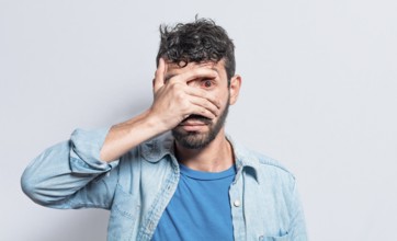 Person with irritated eyes. People with eye pain on isolated background, Person with conjunctivitis